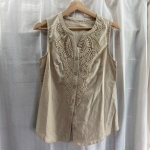 Women's Beige Linen Blend Sleeveless V-Neck‎ Lace Trim Button Front Top Bohemian